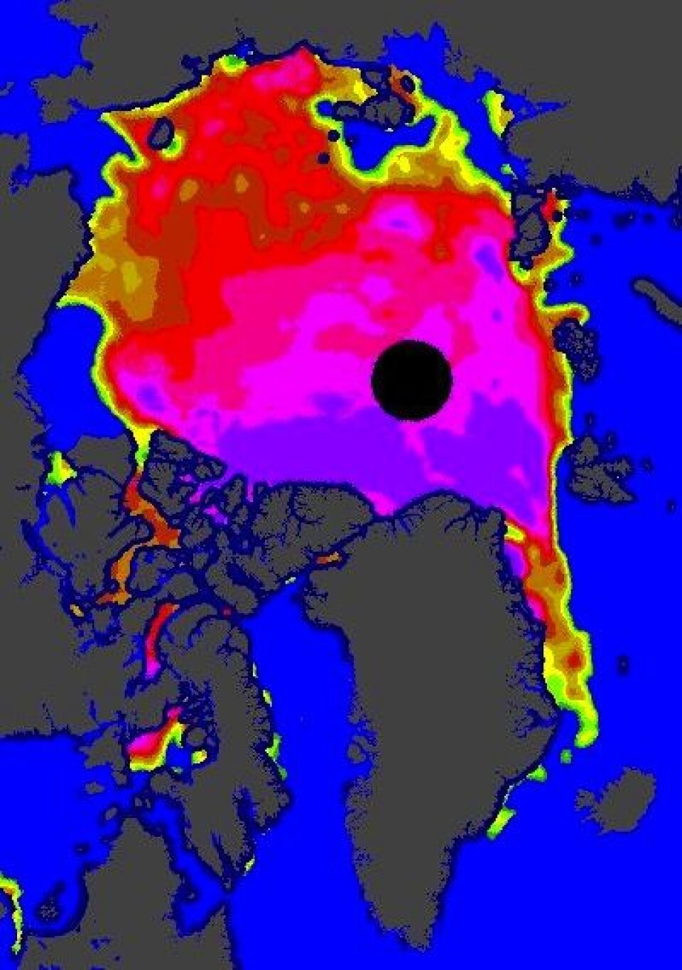 Det 'renner' mye is ut av Pol-bassenget nå gjennom Fram-stredet. (Foto: (EUMETSAT osisaf.met.no))