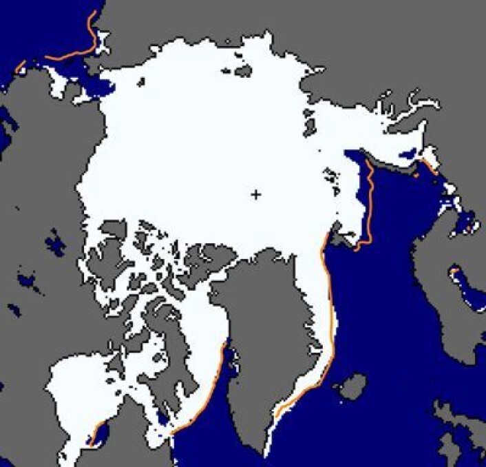 Beringstredet og det nordlige Barentshavet har lite sjøis nå. Ellers som normalt. (Foto: (NSIDC)) Beringstredet og det nordlige Barentshavet har lite sjøis nå. Ellers som normalt. (Foto: (NSIDC))