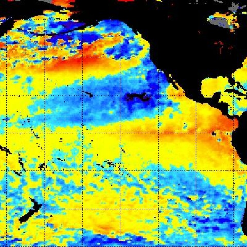 Satellittmålt temperatur i havoverflaten i Stillehavet 16. juli. (Foto: (NOAA))