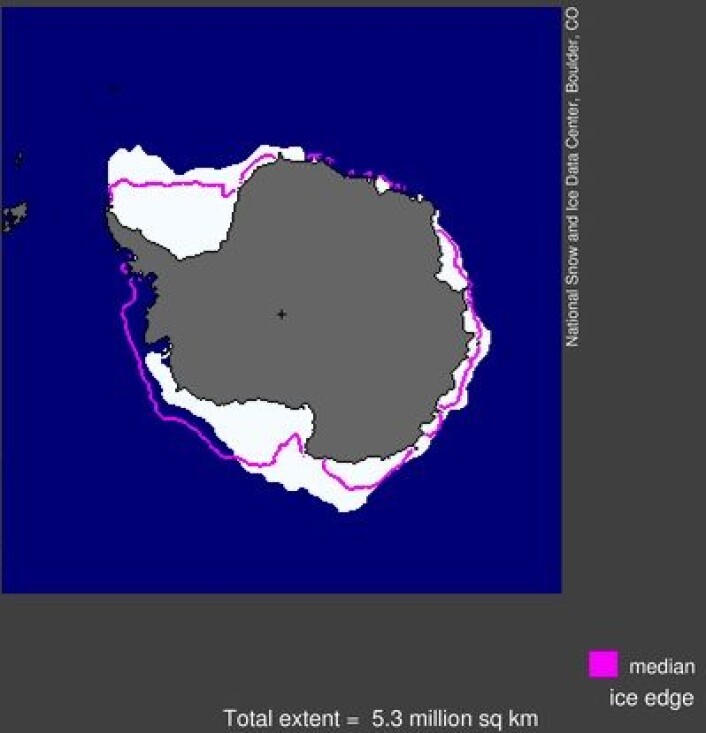 Sjøisen i Antarktis i mars 2013. Mer is enn vanlig. (Foto: (NSIDC)) Sjøisen i Antarktis i mars 2013. Mer is enn vanlig. (Foto: (NSIDC))
