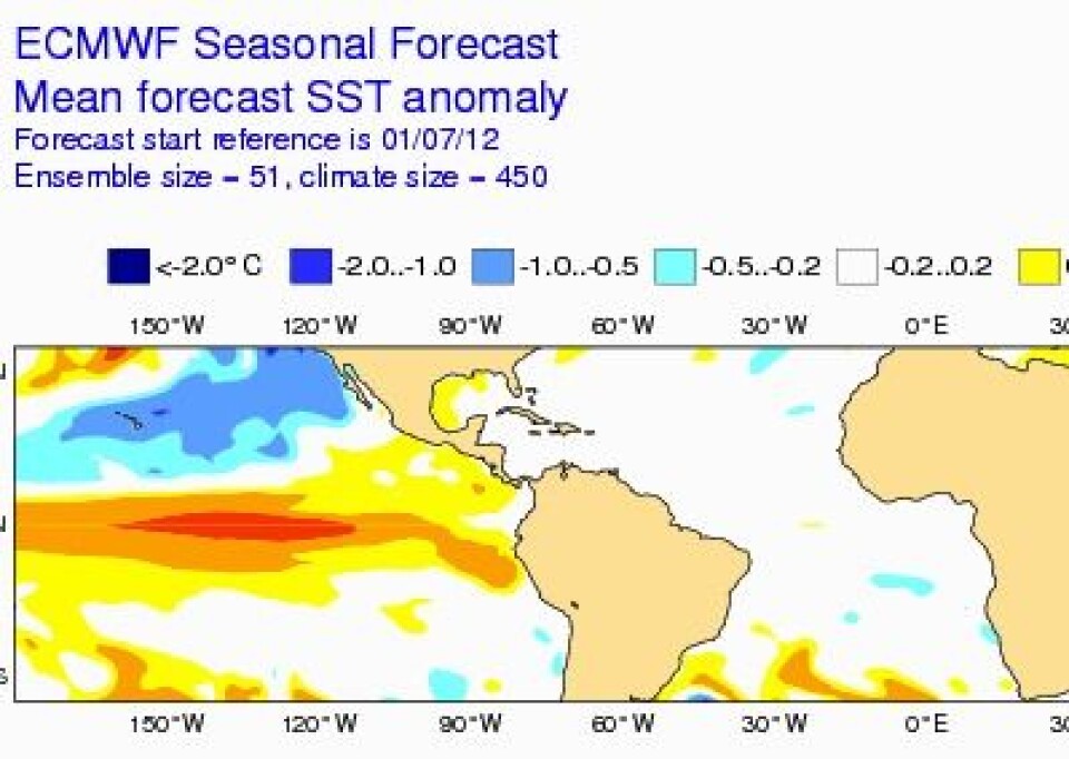 Nyeste hav-prognose (avvik fra normalen) for sept-okt-nov fra ECMWF: Det blir El Ninjo i Stillehavet, og temmelig nøytralt i Atlanterhavet. (Foto: (ECMWF))