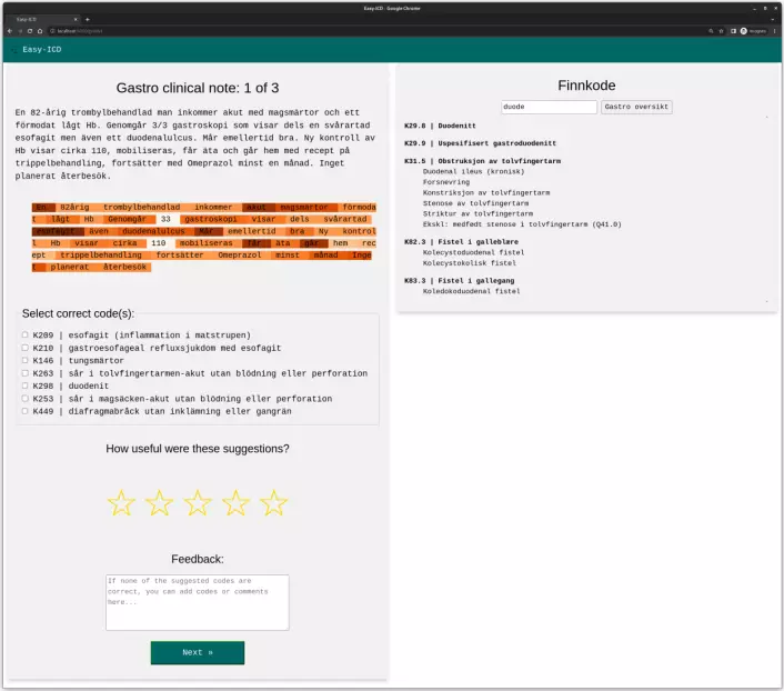 Screenshot of the interface of the new tool, called Easy-ICD. A user study will test the performance and quality of Easy-ICD against real users.