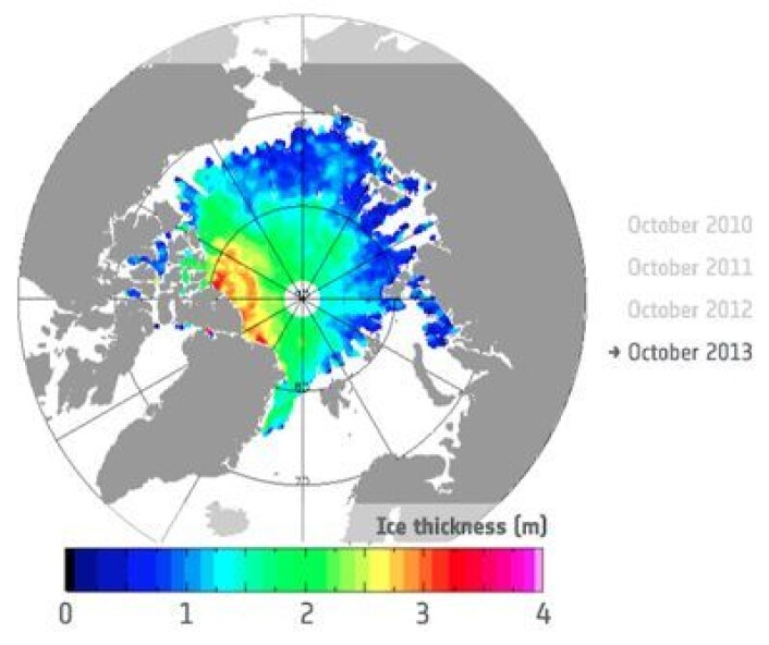 Istykkelse i oktober 2013 målt fra CryoSat. (Foto: (UCL/ESA)) Istykkelse i oktober 2013 målt fra CryoSat. (Foto: (UCL/ESA))