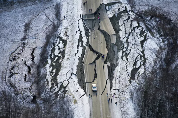 Alaska is one of the most seismically active places on the planet. Researchers were able to use their fibre optic network to detect an earthquake in Alaska in 2020. The photo shows damage from a Nov. 2018 earthquake near Anchorage.