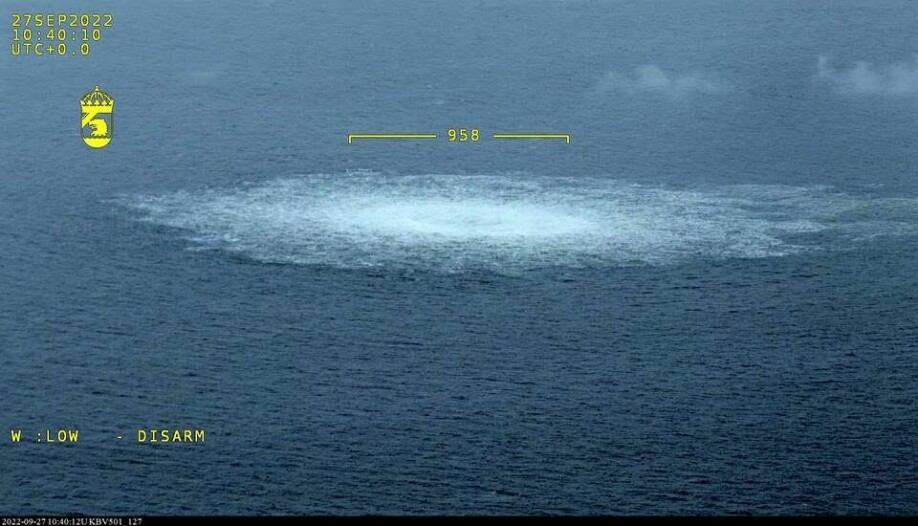 The Nord Stream gas leak in the Baltic Sea photographed by Swedish Coast Guard aircraft on 27 September 2022.