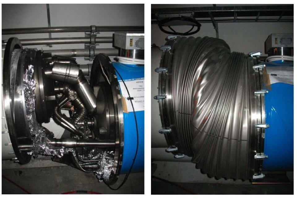 Uhellet i september 2008, som utløste så sterke krefter at 30 tonn tunge magneter boltet fast i betonggulvet ble forskjøvet og deformert. Å reparere skadene som spredte seg over 750 meter tok mer enn ett år. (Foto: CERN)
