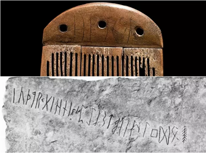 Runebokstavene på Vimose-kammen (øverst) fra Danmark kan være fra år 160 og er blitt ansett for å være de eldste runene vi kjenner til nå. Kylversteinen fra Gotland (nederst) er det eldste kjente eksempelet på at hele det eldre runealfabetet er skrevet ned. De første bokstavene er <span class="italic" data-lab-italic_desktop="italic">f-u-th-a-r-k</span>.