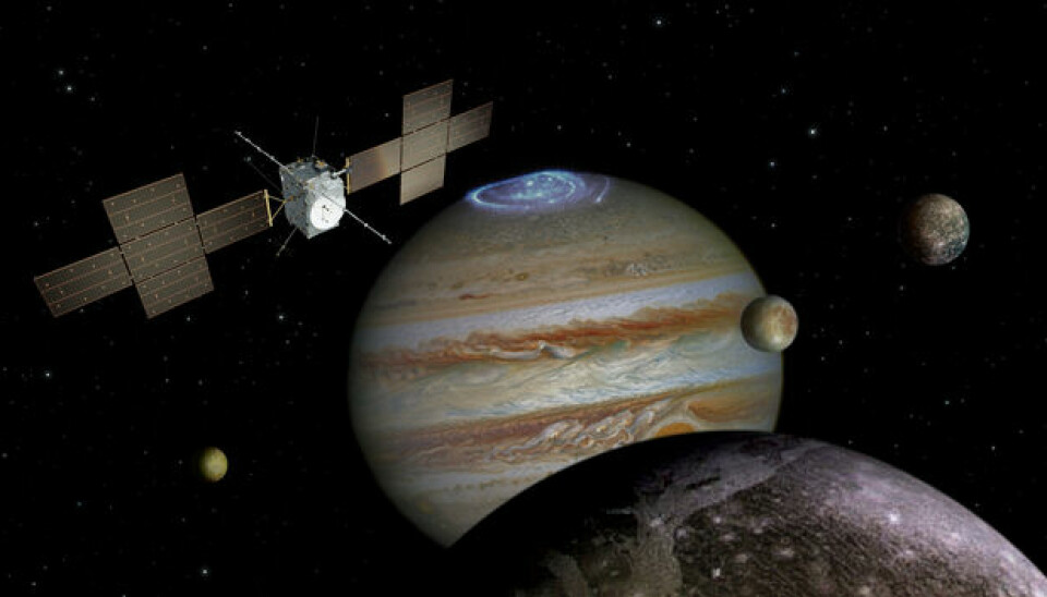 Illustrasjon som skal vise JUICE-sonden ved Jupiter.