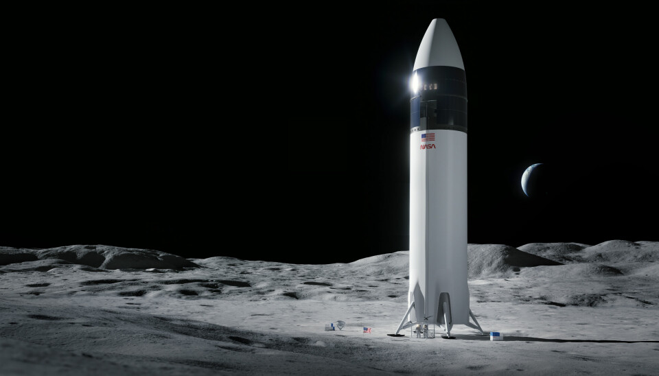 Slik ser en kunstner for seg at NASA og SpaceXs Starship HLS kan se ut på månens overflate.