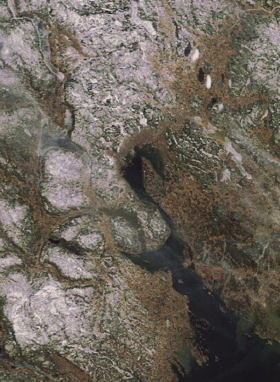 Oslo-området sett fra ENVISAT 9. april 2011. Lite snø, og åpent vann nord i Øyeren. (ESA)