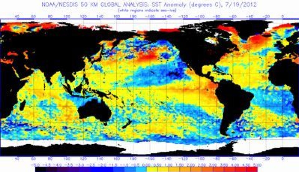Prognose 4: Det utvikler seg en full El Ninjo i Stillehavet, og global havoverflatetemperatur fortsetter å stige. Her er avviket fra normalen 19. juli. (Foto: (NOAA))
