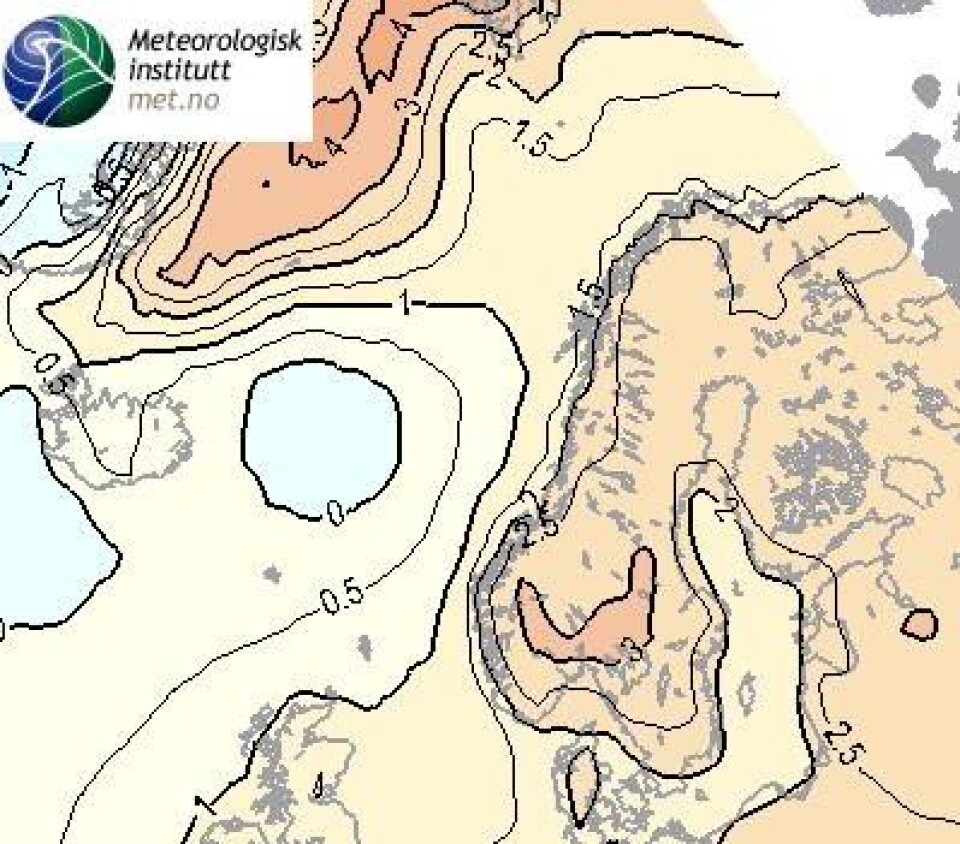 Sesongvarsel for Jan-Feb-Mars 2012 fra Met.no. Tallene viser forventet avvik fra normalen. Det ligger an til lave fyringsutgifter denne vinteren ... (Foto: (Met.no))