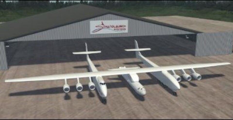 Stratolauncher'n utenfor hangaren. Kanskje. Dette blir i så fall svære saker. (Foto: (AFP PHOTO / HO / Stratolaunch Systems))