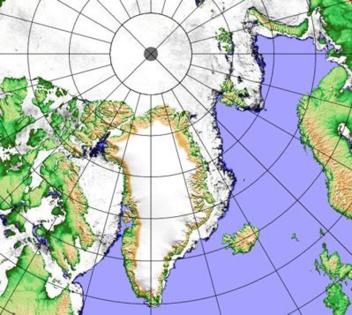 Iskart 11. april basert på data fra AMSR2. Åpent hav ved Thule nå, mens det er drivis ved sydspissen på Grønland. (Foto: (PolarView/Univ Bremen)) Iskart 11. april basert på data fra AMSR2. Åpent hav ved Thule nå, mens det er drivis ved sydspissen på Grønland. (Foto: (PolarView/Univ Bremen))