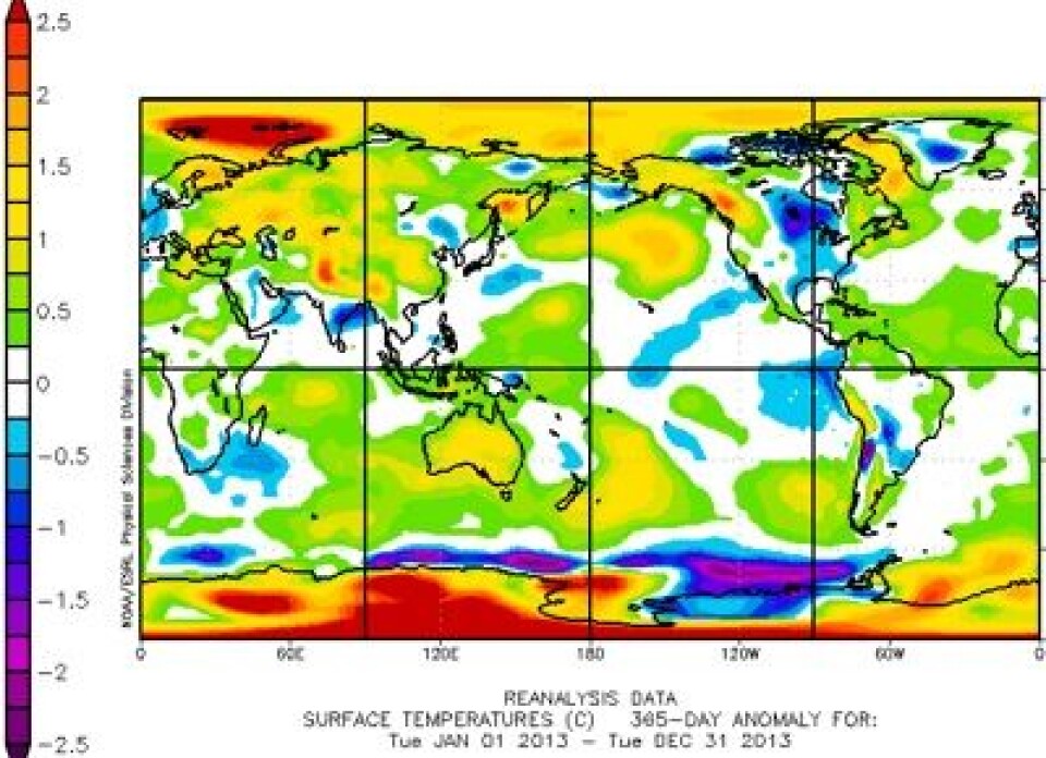 Temperaturkart (avvik fra normalen) for hele 2013. (Normalperioden her er 1981-2010). (Foto: (NOAA))