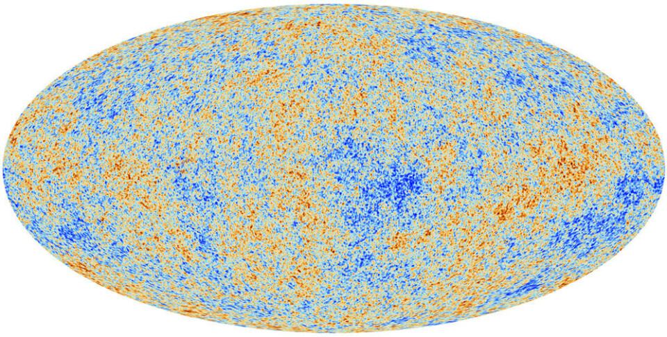 Den kosmiske mikrobølgebakgrunnen, sett av romteleskopet Planck. (Foto: ESA/Planck Collaboration)