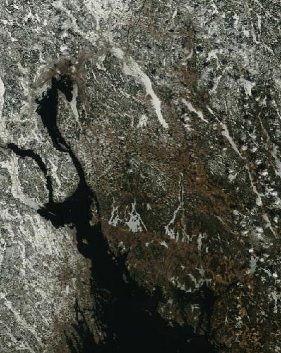 Satellittbilde fra NASAs Terra 8. april. Glomma er isfri, og man begynner å skimte noe åpent vann i Nordre Øyeren. (Foto: (NASA Terra MODIS))