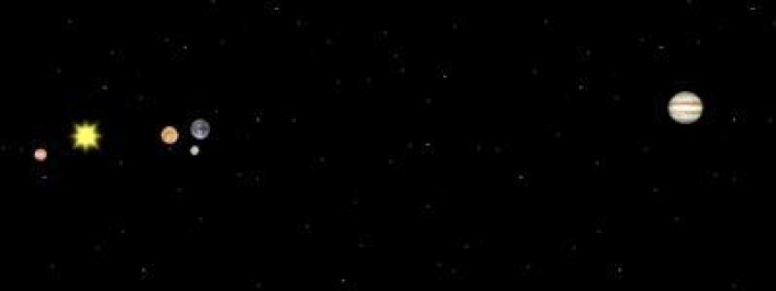 6. januar 2014. Fra venstre: Merkur, Sola, Venus, Jorda/Månen, Jupiter. (Foto: (Solar System Simulator)) 6. januar 2014. Fra venstre: Merkur, Sola, Venus, Jorda/Månen, Jupiter. (Foto: (Solar System Simulator))