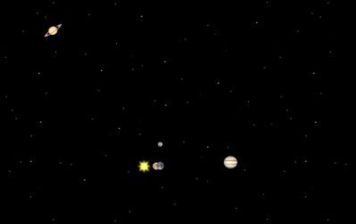 Sola, Venus, Jorda og Jupiter på linje 7. januar 2014. Mars og Saturn befinner seg helt andre steder i januar. (Foto: (Solar System Simulator)) Sola, Venus, Jorda og Jupiter på linje 7. januar 2014. Mars og Saturn befinner seg helt andre steder i januar. (Foto: (Solar System Simulator))