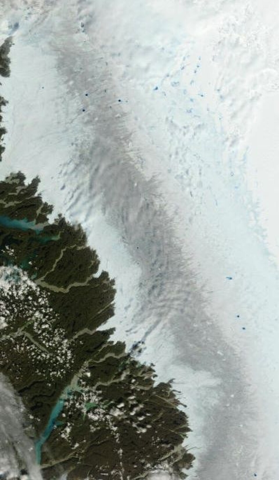 Bilde fra Grønlands vestkyst og litt innover på breen, sett fra Terra 30 juli. (Foto: (NASA Terra MODIS))