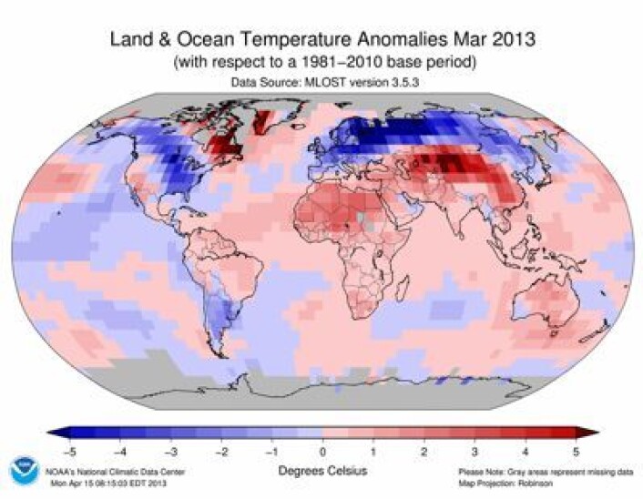 Temperatur ved bakke/hav-nivå i mars 2013, iflg NOAA. Joda, det var kaldt i Øst-Europa denne måneden. (Foto: (NOAA)) Temperatur ved bakke/hav-nivå i mars 2013, iflg NOAA. Joda, det var kaldt i Øst-Europa denne måneden. (Foto: (NOAA))
