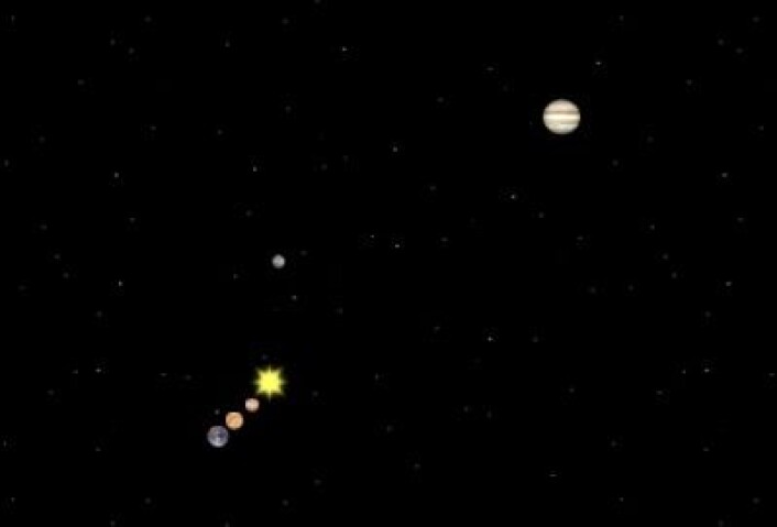 22. august 1991: En riktig fin planetkombinasjon, selv om Mars som vanlig er litt utenfor begivenhetenes sentrum. (Foto: (Solar System Simulator)) 22. august 1991: En riktig fin planetkombinasjon, selv om Mars som vanlig er litt utenfor begivenhetenes sentrum. (Foto: (Solar System Simulator))