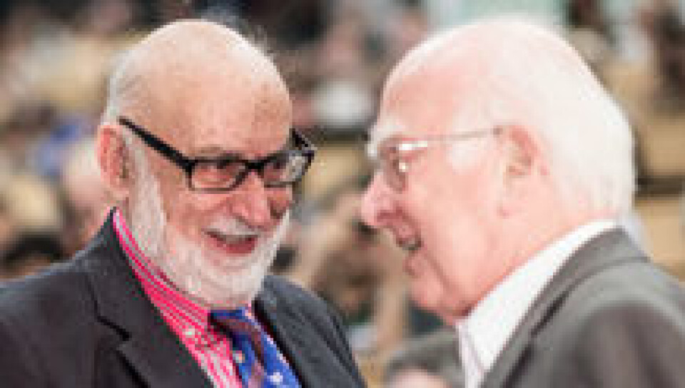 François Englert og Peter Higgs under annonseringen av oppdagelsen av higgsbosonet på CERN 4 juli 2012. (Foto: Photo: © CERN)