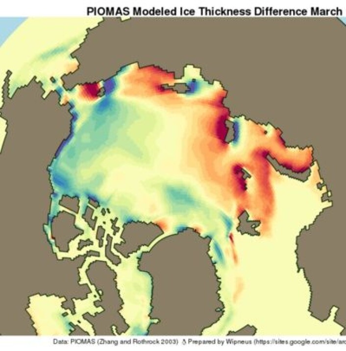 Endringer i sjøisens tykkelse i Arktis fra mars 2012 til mars 2013. (Rødt = tykkere is). (Foto: (Data: PIOMAS / Grafikk: Wipneus)) Endringer i sjøisens tykkelse i Arktis fra mars 2012 til mars 2013. (Rødt = tykkere is). (Foto: (Data: PIOMAS / Grafikk: Wipneus))
