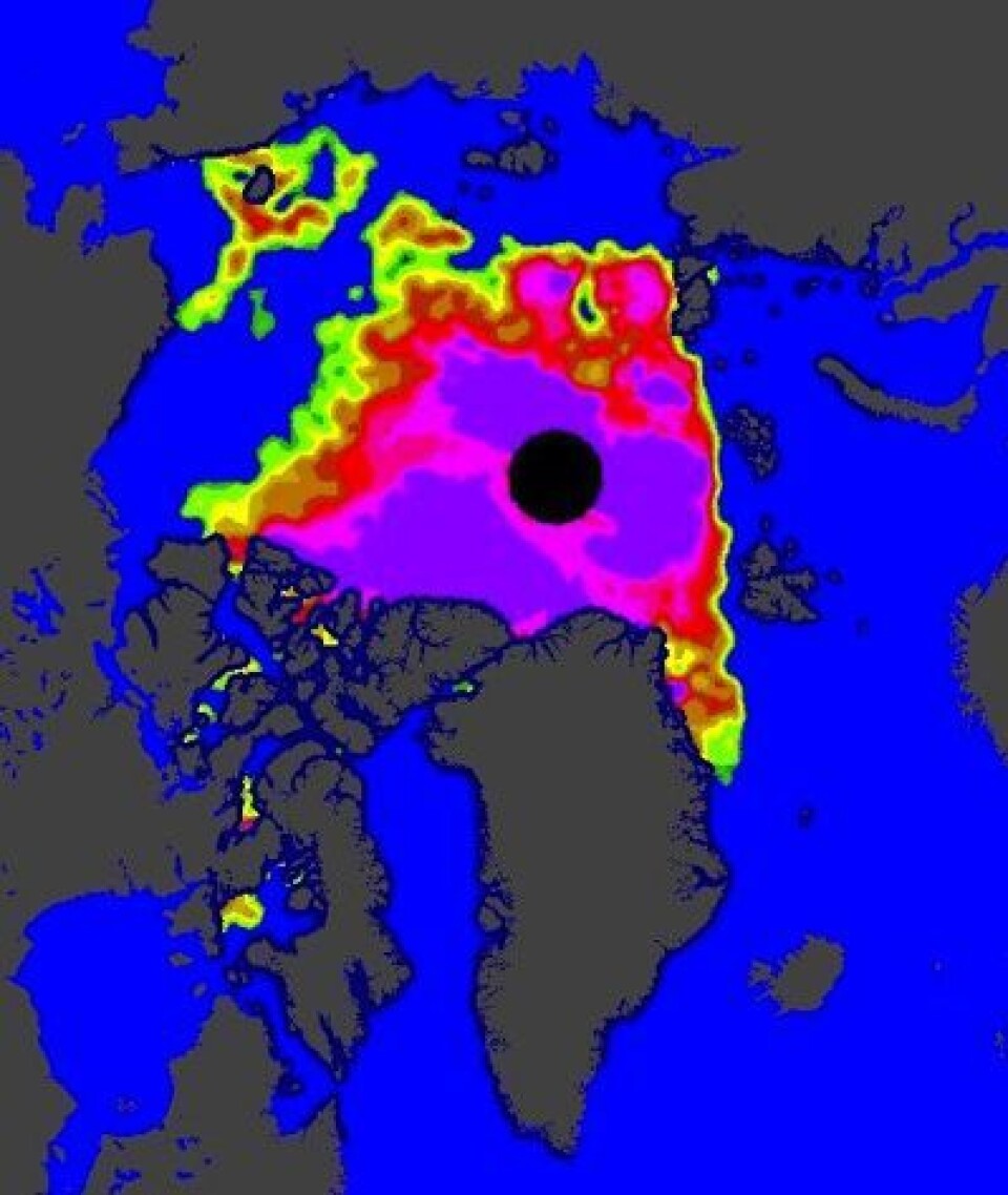 Lite sjøis i Arktis nå, og nokså spredt. Hvis vinden presser sammen dette, så blir det ny minimumsrekord. (Foto: (EUMETSAT osisaf.met.no))