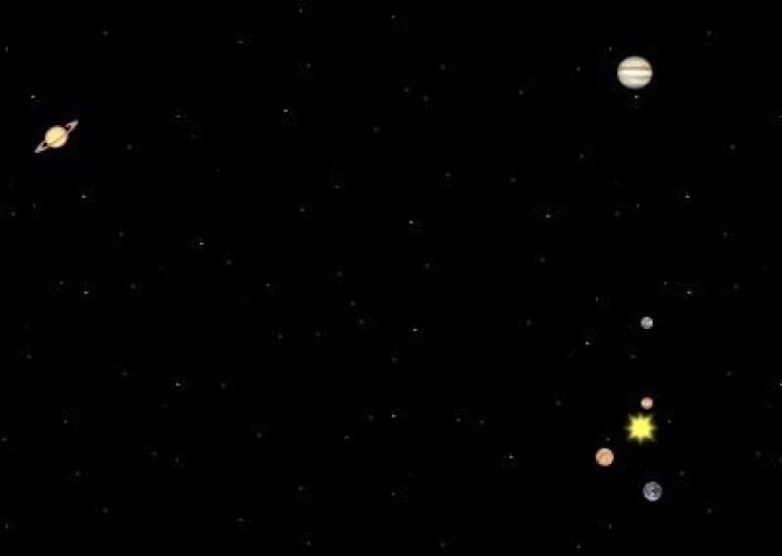 15. oktober 1957: Slik var planetene plassert midtveis i den måneden da man observerte aller flest solflekker. (Foto: (Solar System Simulator)) 15. oktober 1957: Slik var planetene plassert midtveis i den måneden da man observerte aller flest solflekker. (Foto: (Solar System Simulator))