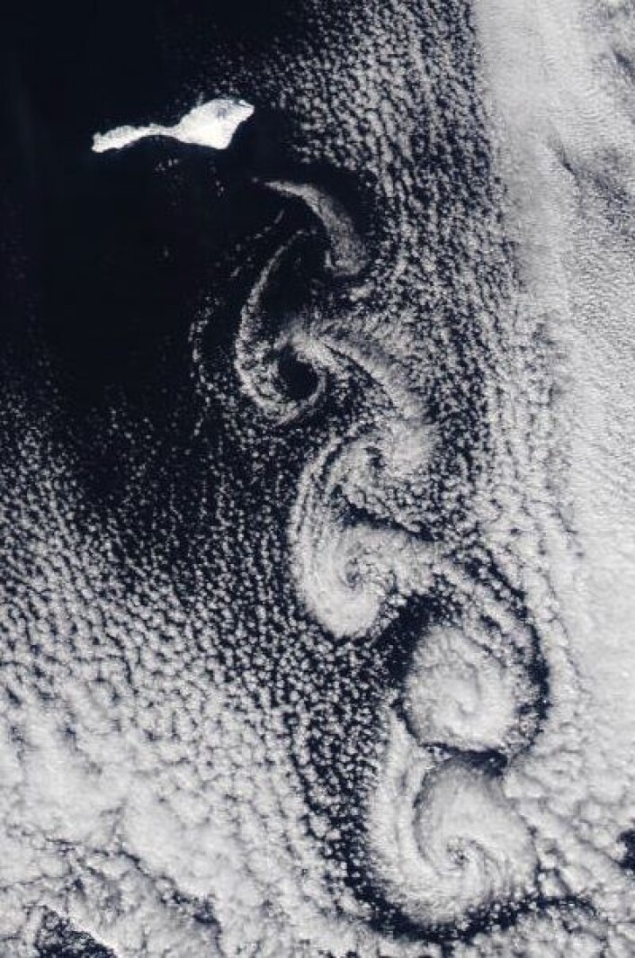 Jan Mayen laget sitt eget vær i Norskehavet da NASAs satellitt Aqua passerte fredag 19. april. (Foto: (NASA Aqua MODIS)) Jan Mayen laget sitt eget vær i Norskehavet da NASAs satellitt Aqua passerte fredag 19. april. (Foto: (NASA Aqua MODIS))