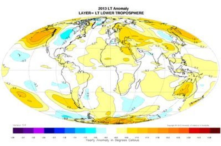 2013-temperaturen (avvik fra normalen) i nedre troposfære for hele året 2013, målt fra værsatellitter og analysert ved UAH. (Foto: (Data: NOAA/NASA/EUMETSAT. Analyse og grafikk: UAH)) 2013-temperaturen (avvik fra normalen) i nedre troposfære for hele året 2013, målt fra værsatellitter og analysert ved UAH. (Foto: (Data: NOAA/NASA/EUMETSAT. Analyse og grafikk: UAH))