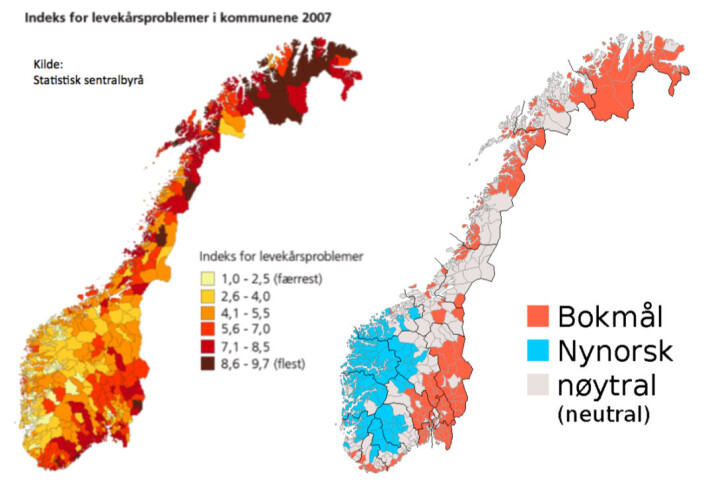 Samla indeks for levekårsproblem i 2007 (kjelde: SSB) versus målform i kommunane. (Foto: SSB/Wikipedia) Samla indeks for levekårsproblem i 2007 (kjelde: SSB) versus målform i kommunane. (Foto: SSB/Wikipedia)