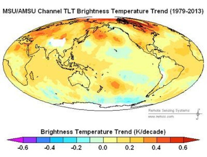 Trenden for satellittmålt temperatur i nedre troposfære 1979-2013. (NB: Hvitt = ikke beregnet). (Foto: (RSS)) Trenden for satellittmålt temperatur i nedre troposfære 1979-2013. (NB: Hvitt = ikke beregnet). (Foto: (RSS))
