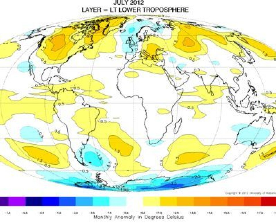 Avviket fra normalen for satellittmålt juli-temperatur i nedre troposfære, iflg UAH. Her ser vi tydelige spor av negativ NAO-indeks: Varmt på Grønland, kaldt i landene rundt Nordsjøen. (Foto: (UAH))