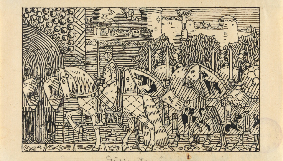 Snorre forteller om Sigurd Jorsalfare. Han red inn gjennom «Gullporten» (byporten) da han var innom Miklagard (Konstantinopel) på reisen sin til Jerusalem i 1108‒1111. Denne illustrasjonen av Gerhard Munthe fra 1899 ble lagd til Snorres bok «Heimskringla».