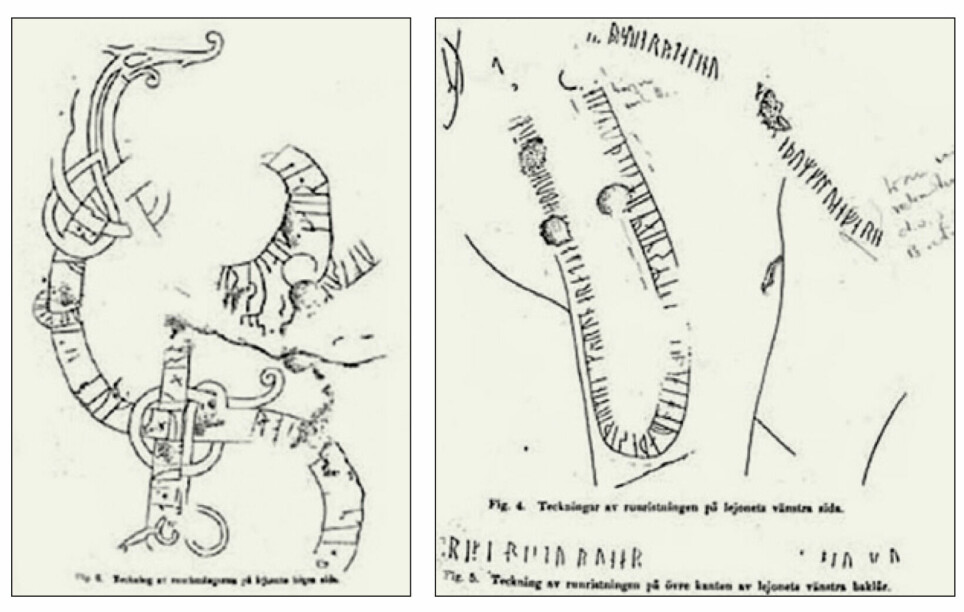 Den svenske forskeren Erik Brates gjengivelse i 1920 av de svenske runene på løvens venstre side.