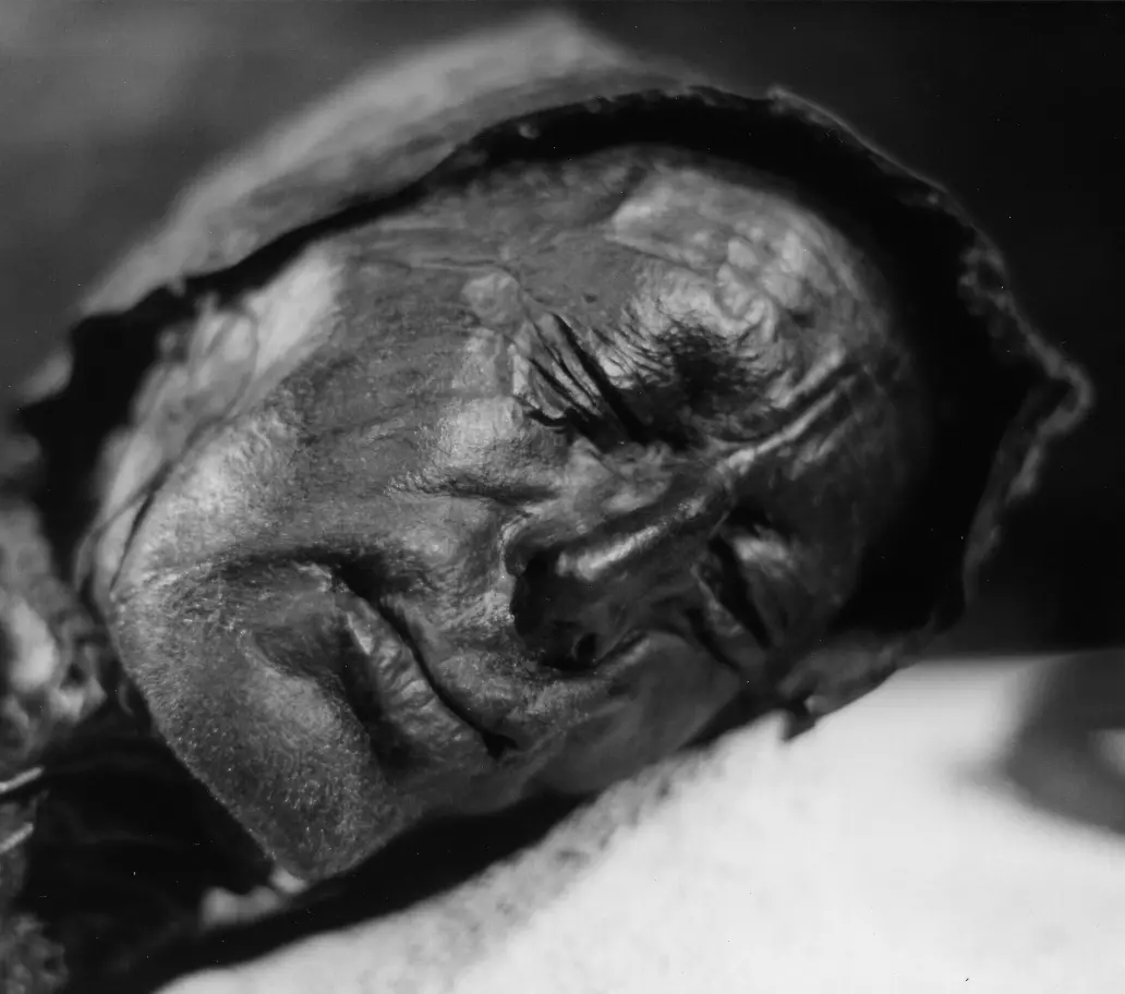 Tollundmannens svært godt bevarte ansikt. Han døde rundt 300 f.Kr.