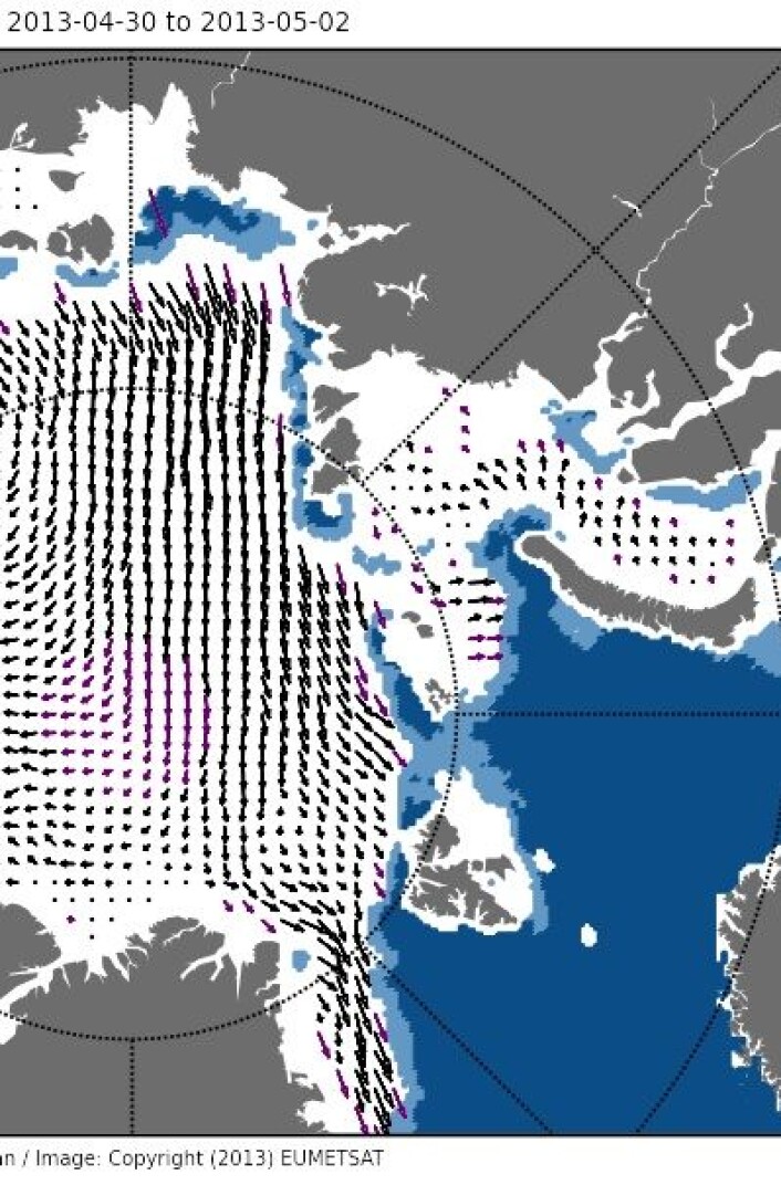Isdrift i Arktis i månedskiftet april/mai. (Foto: (EUMETSAT osisaf.met.no)) Isdrift i Arktis i månedskiftet april/mai. (Foto: (EUMETSAT osisaf.met.no))