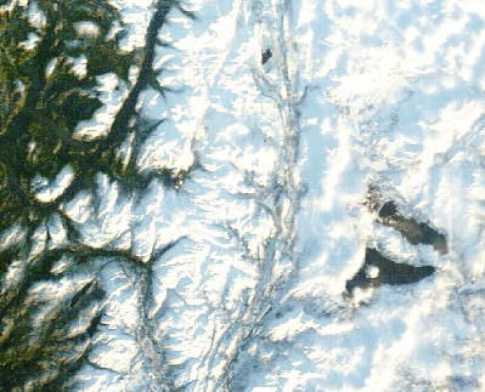Limingen og Tunnsjøen sett fra satellitt 19. januar 2014. (Foto: (NASA Terra MODIS)) Limingen og Tunnsjøen sett fra satellitt 19. januar 2014. (Foto: (NASA Terra MODIS))