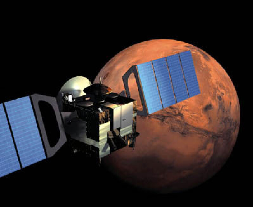ESAs romsonde Mars Express har undersøkt vår røde naboplanet siden 2003. Illustrasjon: ESA