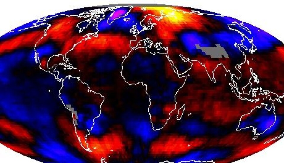 Desember-temperatur i nedre troposfære målt fra satellitt: Varmt over Karahavet, kaldt over Grønland. (Foto: (RSS))