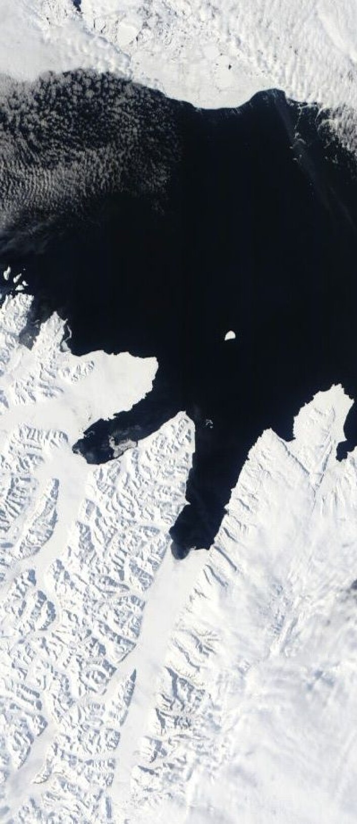 Mye åpent vann utenfor Wijdefjorden på nordsiden av Svalbard 7. mai. (Foto: (NASA Terra MODIS)) Mye åpent vann utenfor Wijdefjorden på nordsiden av Svalbard 7. mai. (Foto: (NASA Terra MODIS))