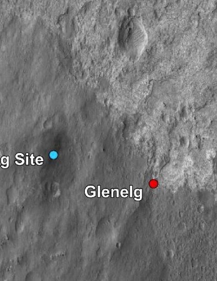 Første kjøretur for Curiosity blir til punktet Glenelg. Interessant geologi der. (Foto: (NASA JPL/Caltech)) Første kjøretur for Curiosity blir til punktet Glenelg. Interessant geologi der. (Foto: (NASA JPL/Caltech))