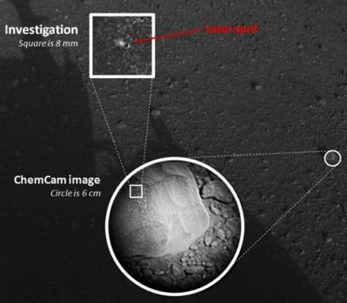Første laser-testskudd på Mars-overflaten! Et bittelite merke i en tilfeldig valgt stein ved landingsstedet. (Foto: (NASA/JPL-Caltech/LANL/CNES/IRAP)) Første laser-testskudd på Mars-overflaten! Et bittelite merke i en tilfeldig valgt stein ved landingsstedet. (Foto: (NASA/JPL-Caltech/LANL/CNES/IRAP))