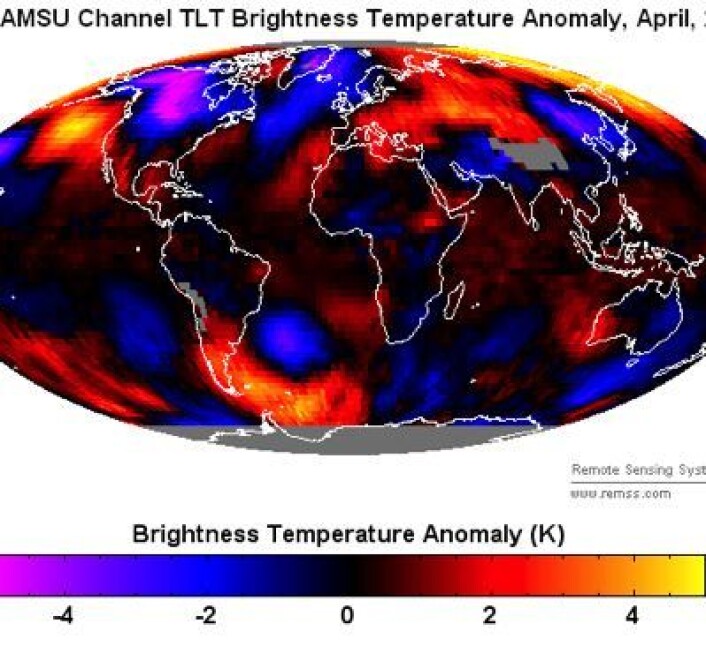 Satellittmålt temperatur (avvik fra normalen) i nedre troposfære i april. (Foto: (RSS)) Satellittmålt temperatur (avvik fra normalen) i nedre troposfære i april. (Foto: (RSS))