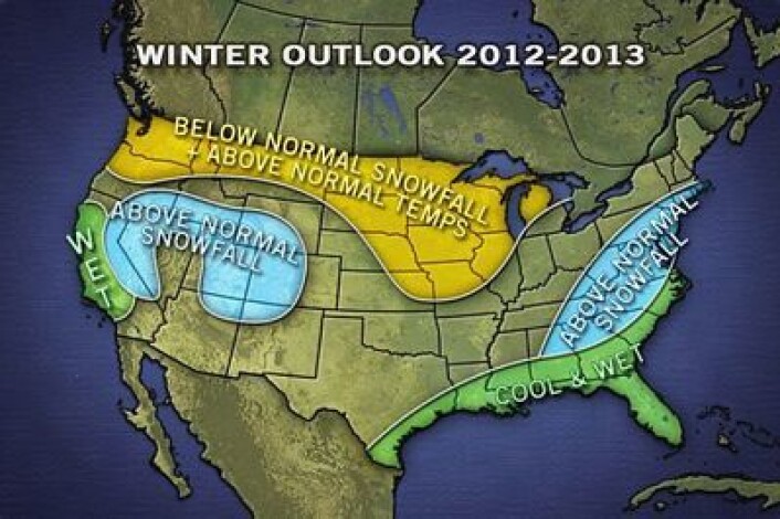 Den første værprognosen for vinteren over there. Det er El Ninjo i Stillehavet som bestemmer hvor snøen vil komme i USA. (Foto: (Accuweather.com)) Den første værprognosen for vinteren over there. Det er El Ninjo i Stillehavet som bestemmer hvor snøen vil komme i USA. (Foto: (Accuweather.com))