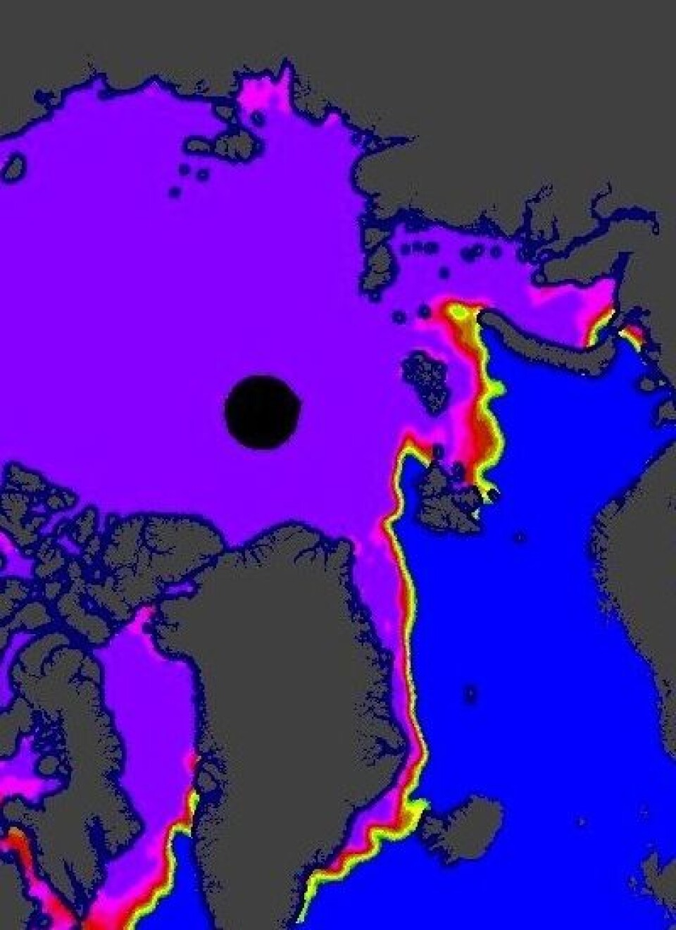 Fortsatt noe mangelfullt isdekke helt sør i Karahavet, iflg denne is-analysen fra EUMETSATs OSISAF. (Foto: (osisaf.met.no))