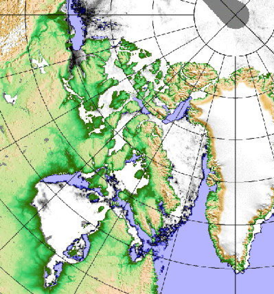 Satellittene ser at sommersmeltingen er i gang i kanadiske farvann. Blir det en åpen Norvestpassasje i år? (PolarView/Univ Bremen)