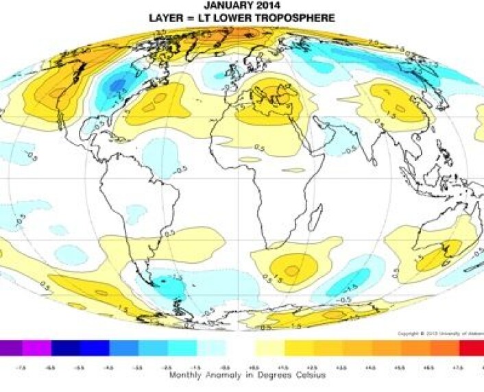 Temperatur (avvik fra normalperioden 1981-2010) i nedre troposfære, målt fra værsatellittene i januar. (Foto: (University of Alabama, Huntsville)) Temperatur (avvik fra normalperioden 1981-2010) i nedre troposfære, målt fra værsatellittene i januar. (Foto: (University of Alabama, Huntsville))